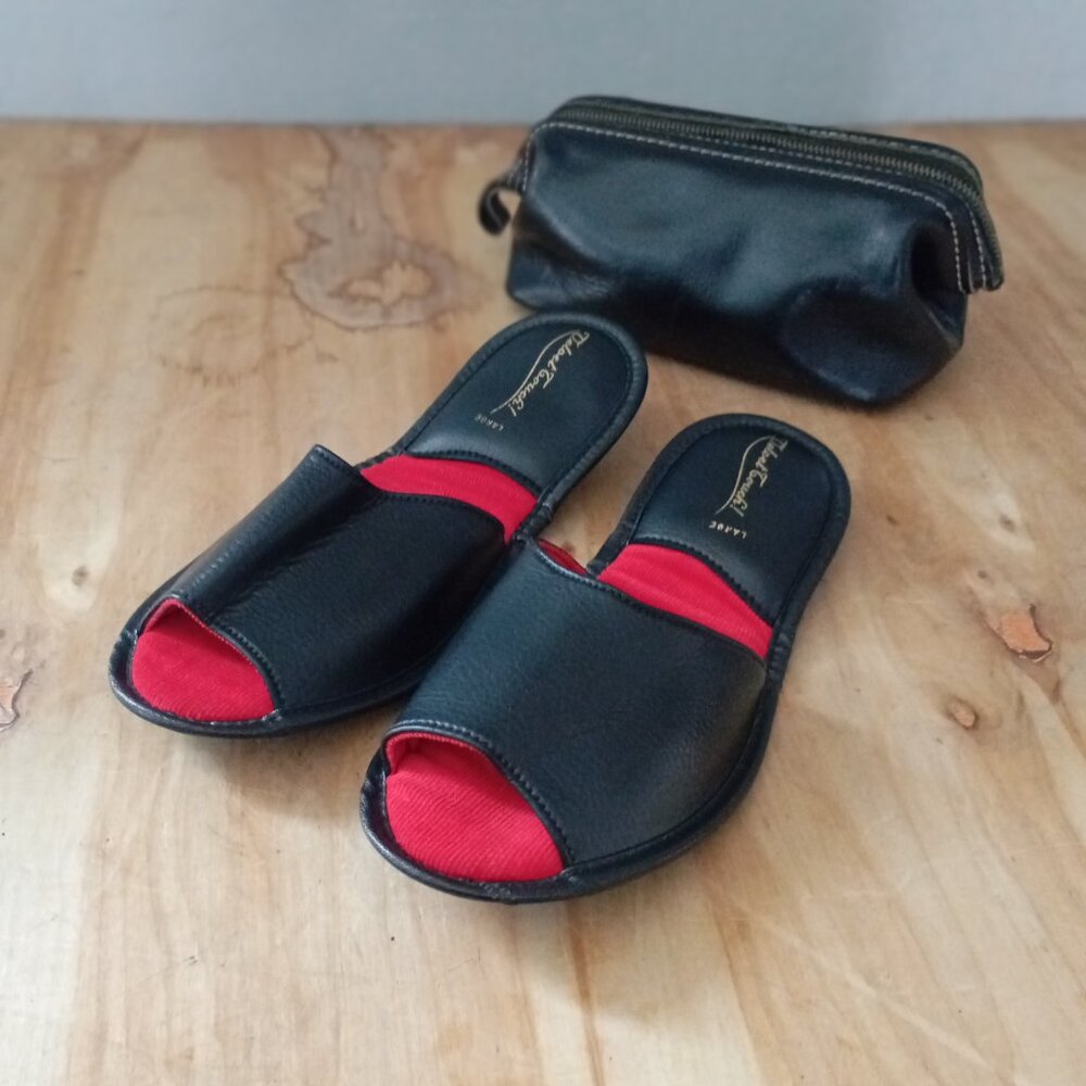 Vintage SWANK Leather Dopp Kit Bag and Folding Leather Slipper Set/ Gift For Him